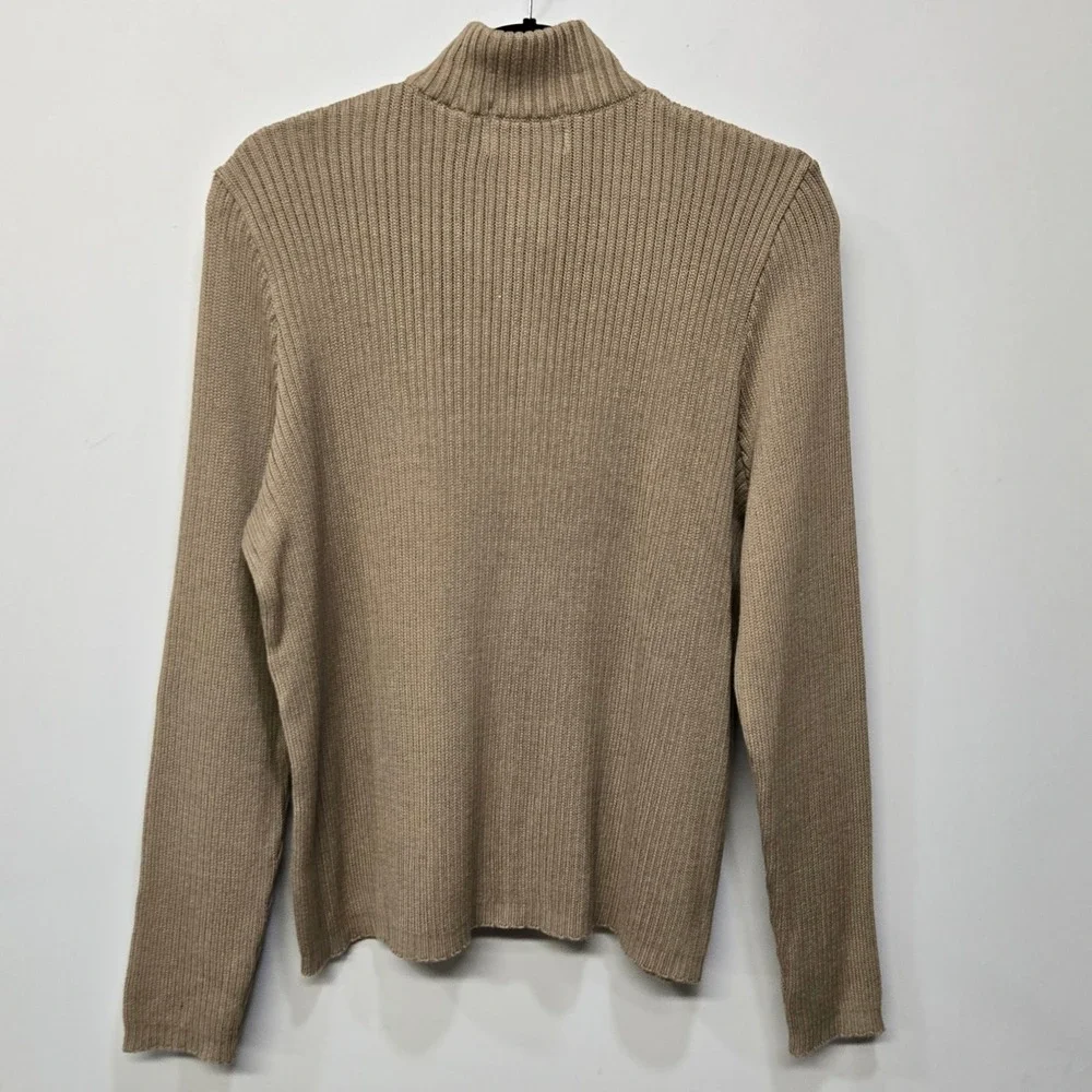 Leelanau Trail Cardigan Sweater XL Cotton Full Zip Rib‎ Knit Mock Neck Military